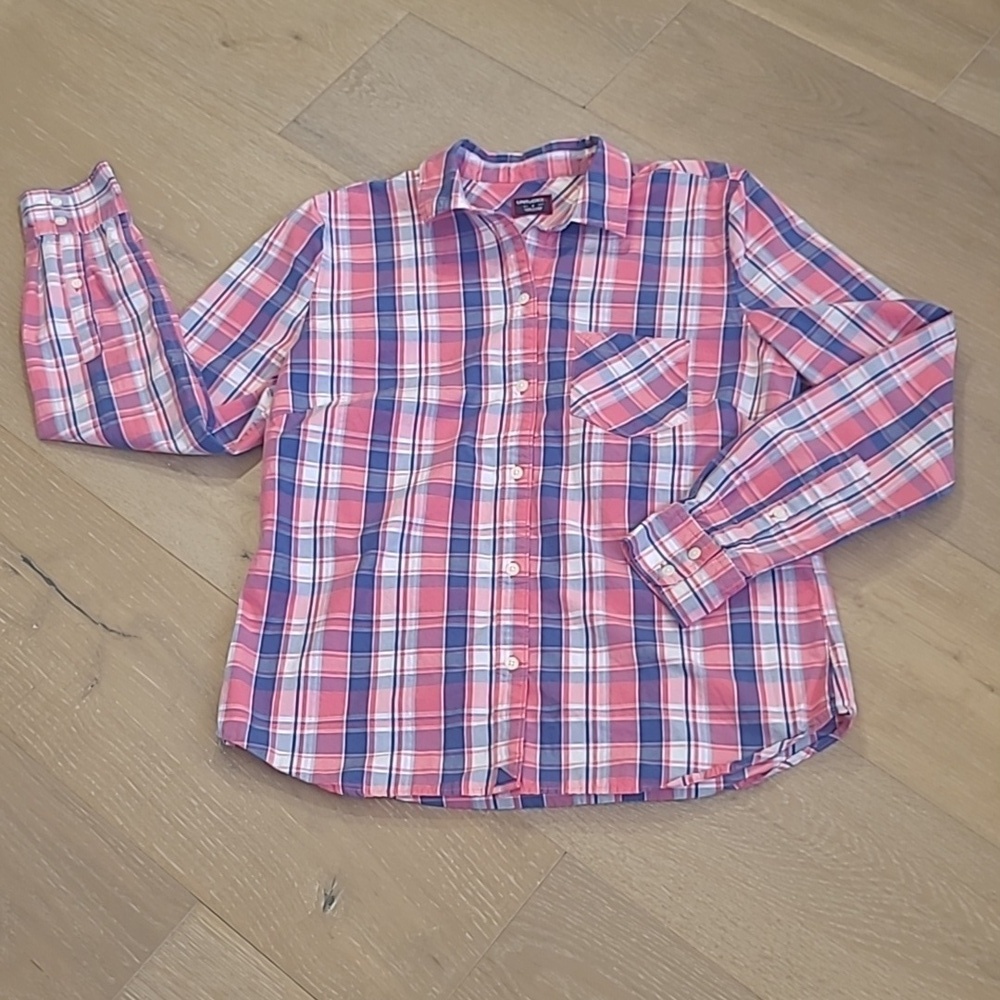 UNTUCKit Button Down Women's sz 6 100% Cotton Pink/Blue Plaid Long Sleeve Shirt